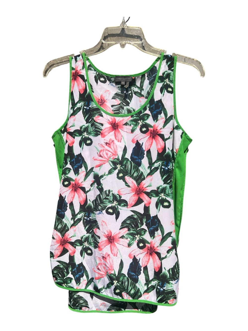 Vince Camuto Pink & Green Floral Tropical Tank Top Semi-Sheer Oversized Petite S